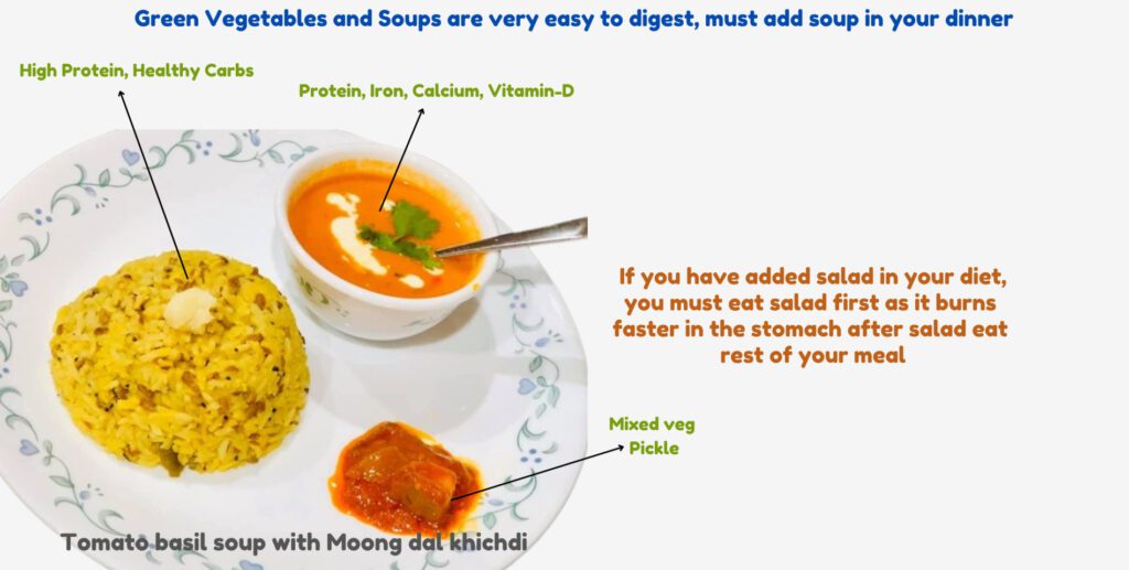 Tomato basil soup with Moong(Green Gram Beans) dal khichdi